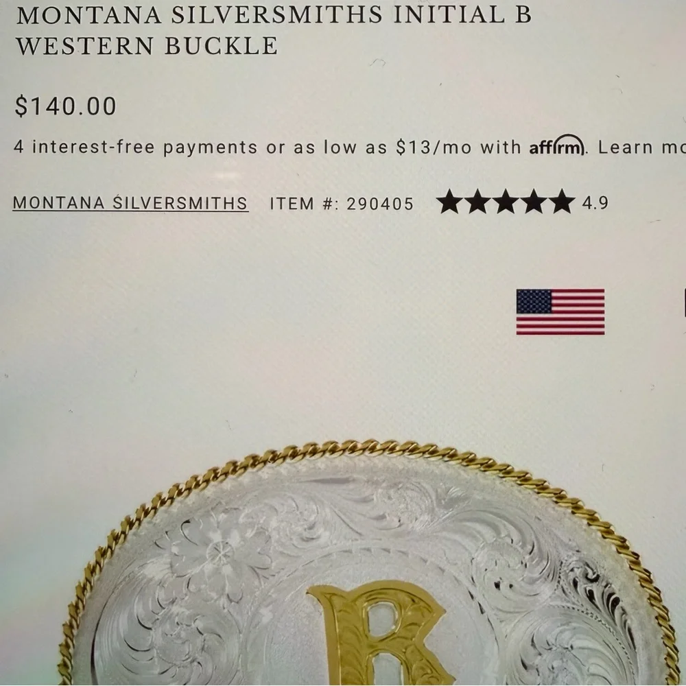 Montana Silversmiths B Western Belt Buckle w/belt‎
